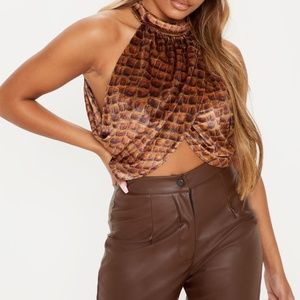 Printed Velvet High Neck Wrap Crop Top